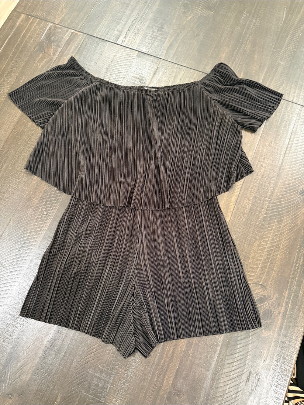 Missguided Black Pleated Off-Shoulder Romper | Flowy Ruffle Size 12 or L